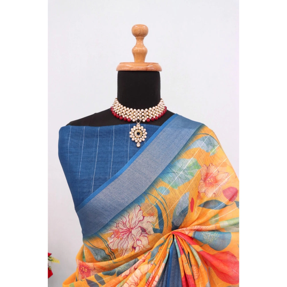 Yellow linen digital print saree with unstitched blouse (5.5mtr), vibrant Indian fashion accessory