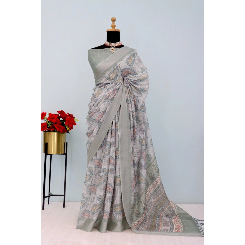 Grey linen digital print saree with unstitched blouse, stylish Indian wear for women on mannequin