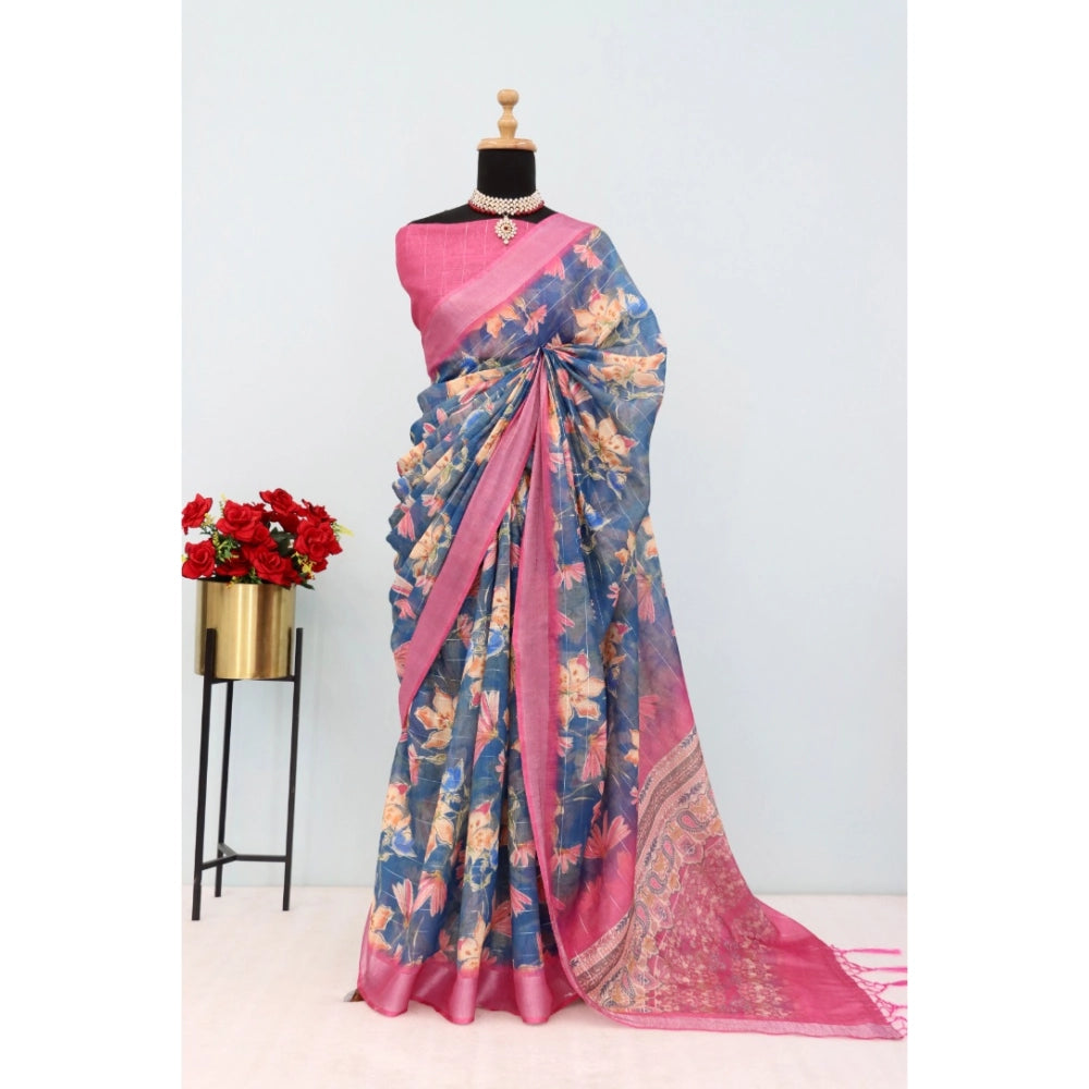 Blue linen digital print saree with unstitched blouse (5.5Mtr) on model