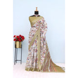 Beige linen digital print saree with unstitched blouse (5.5Mtr), vibrant Indian fashion accessory for women