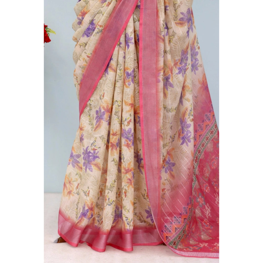 Pink linen digital print saree with unstitched blouse (5.5Mtr) on model