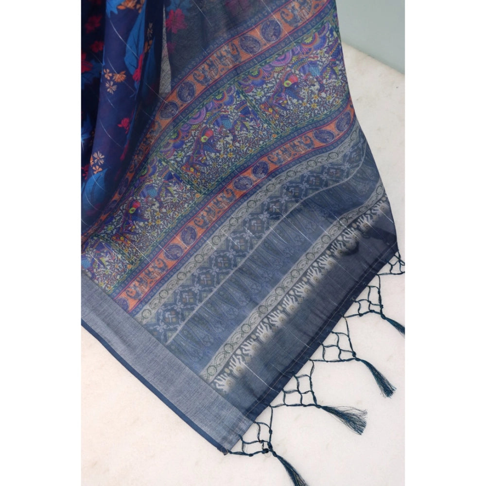 Blue linen digital print saree with unstitched blouse, 5.5Mtr length for women's fashion