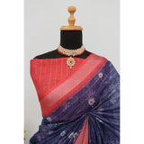 Blue linen digital print saree with unstitched blouse, 5.5Mtr length on model