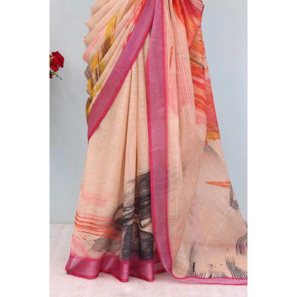 Multicolor linen digital print saree with unstitched blouse, vibrant cultural attire for women on display