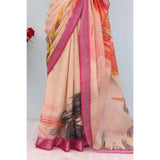 Multicolor linen digital print saree with unstitched blouse, vibrant cultural attire for women on display