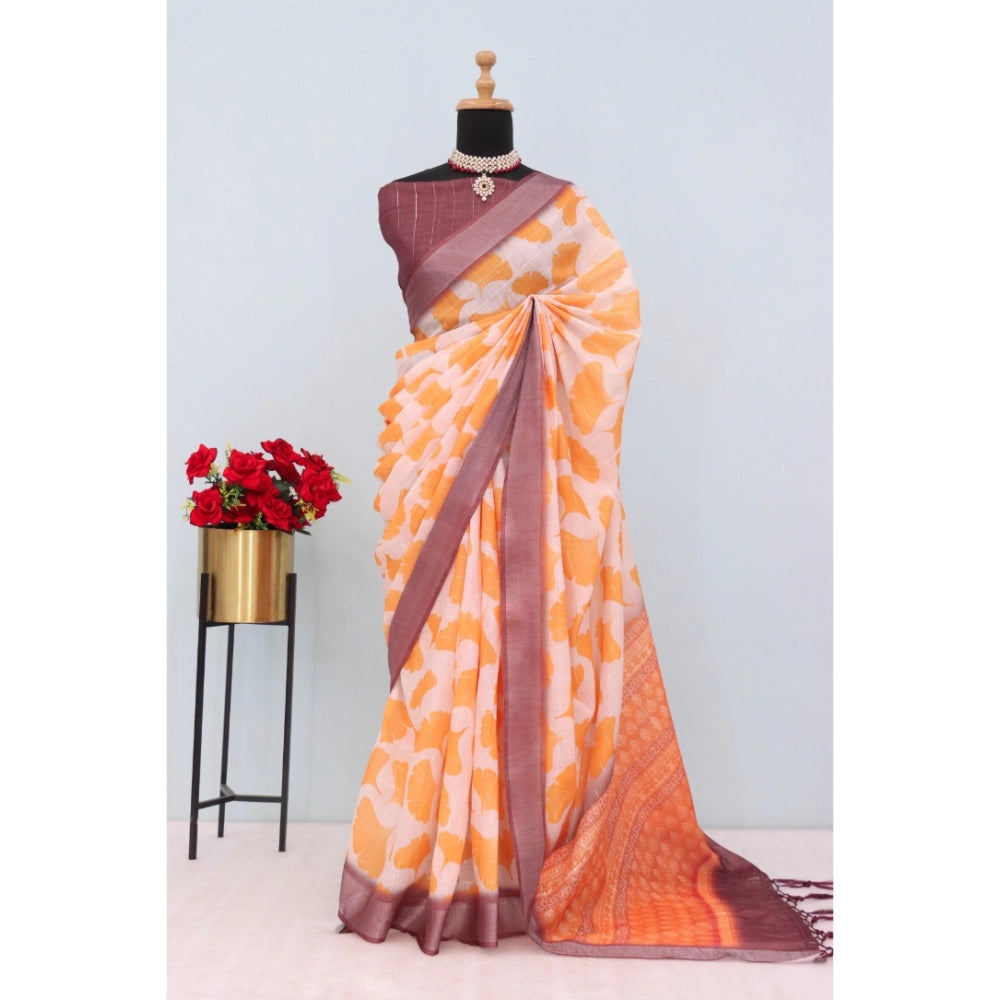Orange linen digital print saree with unstitched blouse (5.5mtr), vibrant and airy