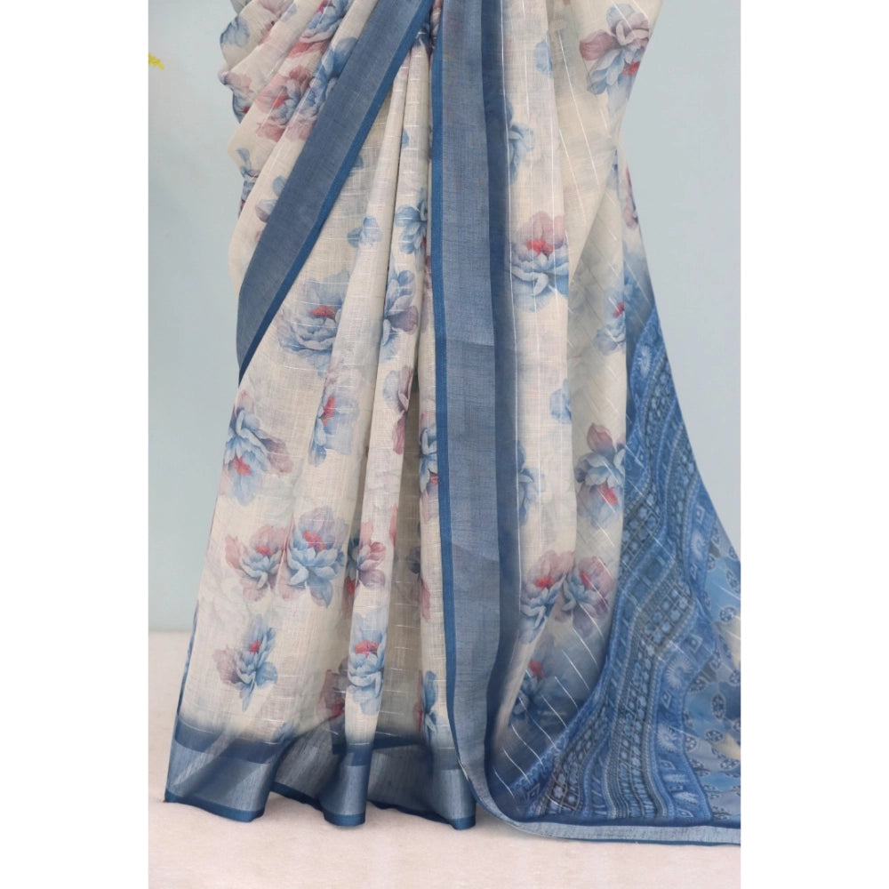Blue linen digital print saree with unstitched blouse (5.5mtr), vibrant design for Indian women's fashion