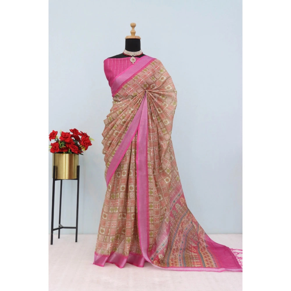 Pink linen digital print saree with unstitched blouse (5.5Mtr) on mannequin