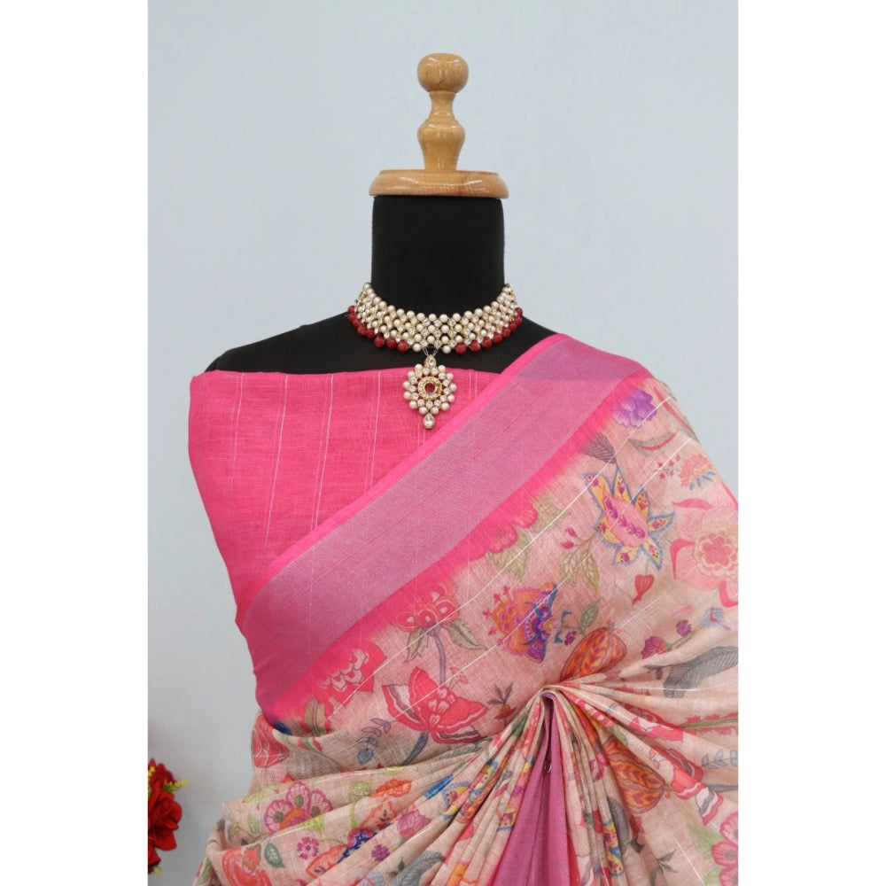Pink linen digital print saree with unstitched blouse (5.5mtr), vibrant, stylish traditional Indian wear