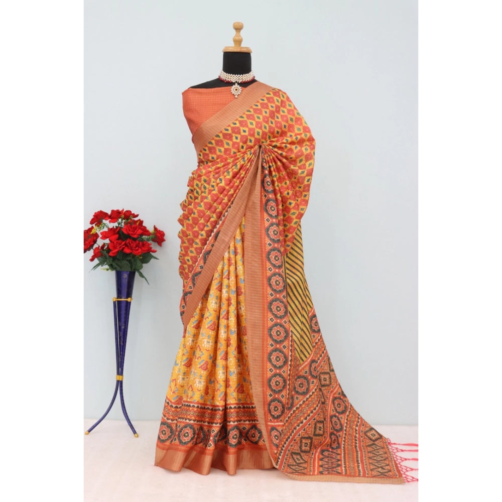 Orange Mysore silk digital print saree with unstitched blouse, 5.5Mtr length