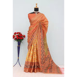 Orange Mysore silk digital print saree with unstitched blouse, 5.5Mtr length
