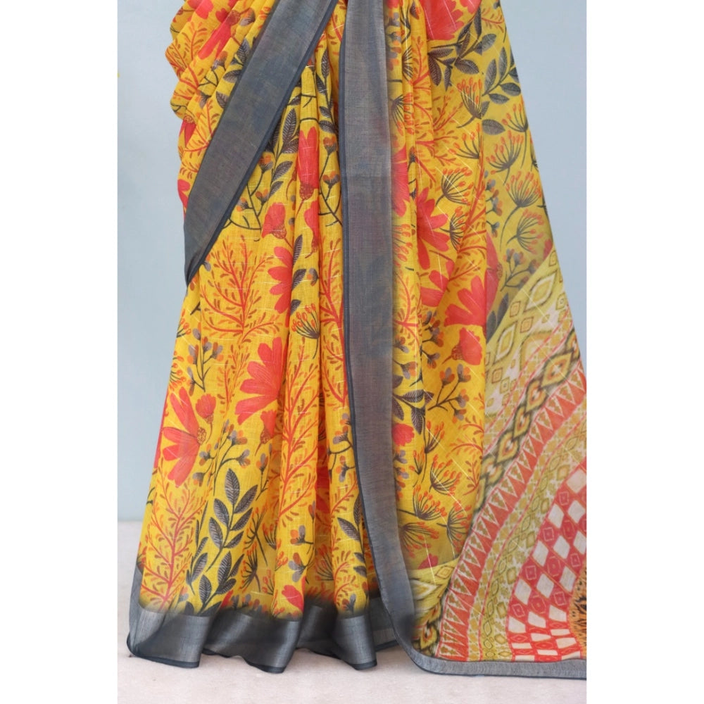 Multicolor linen digital print saree with unstitched blouse (5.5mtr), vibrant fashion piece on model