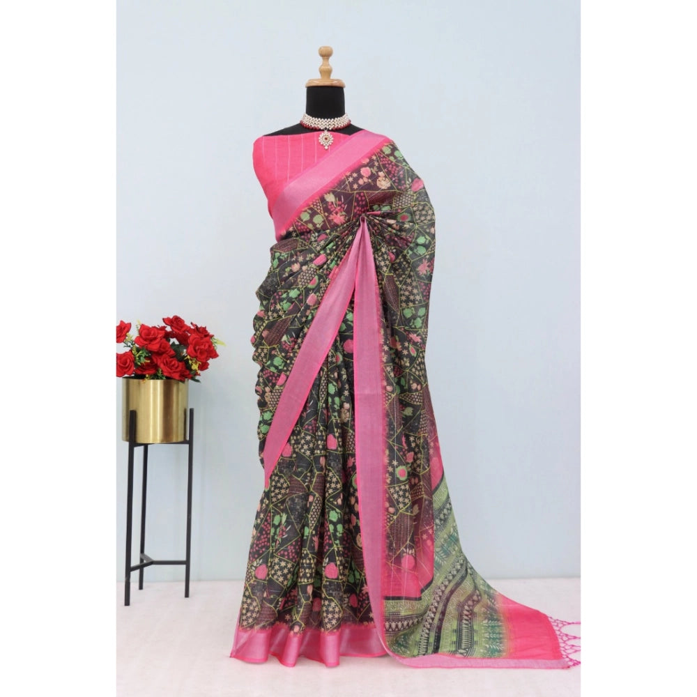 Multicolor linen digital print saree with unstitched blouse (5.5Mtr), vivid multicolor design on natural linen fabric for traditional Indian wear