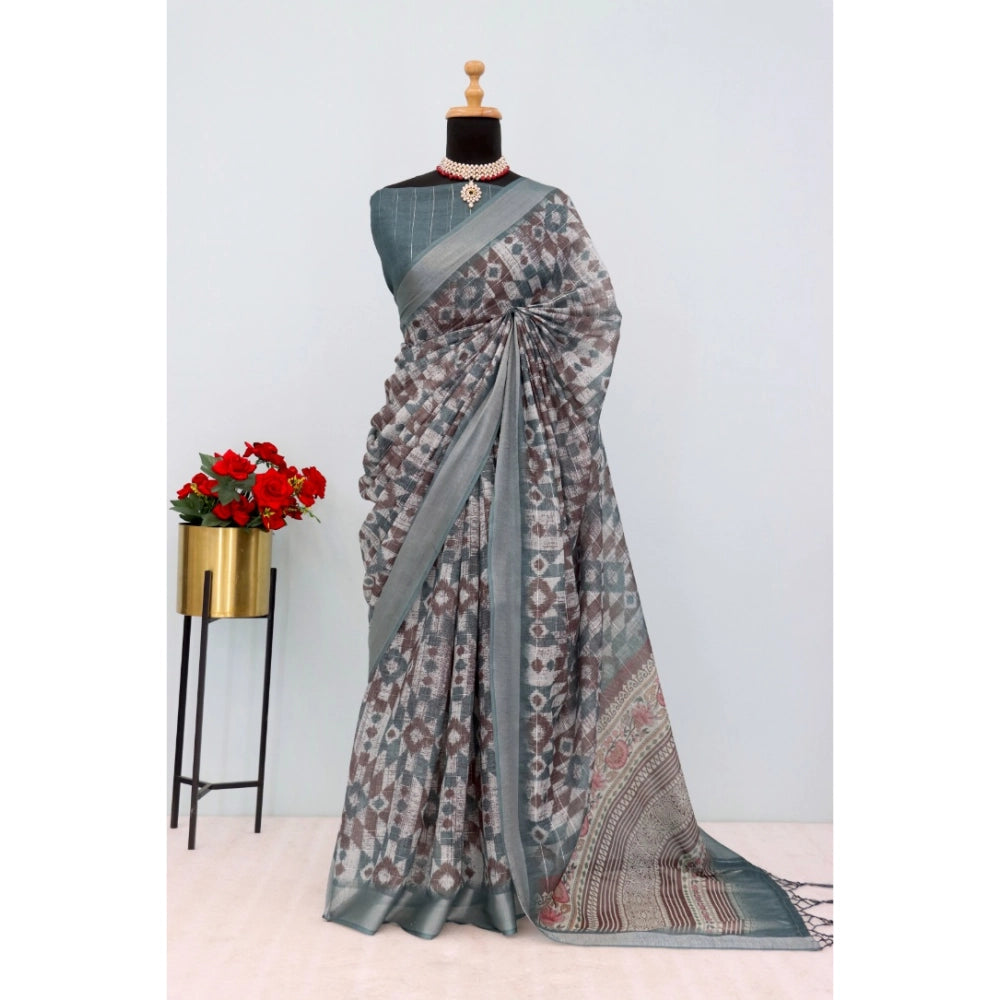Grey linen digital print saree with unstitched blouse (5.5Mtr), wearable fashion accessory for women on display