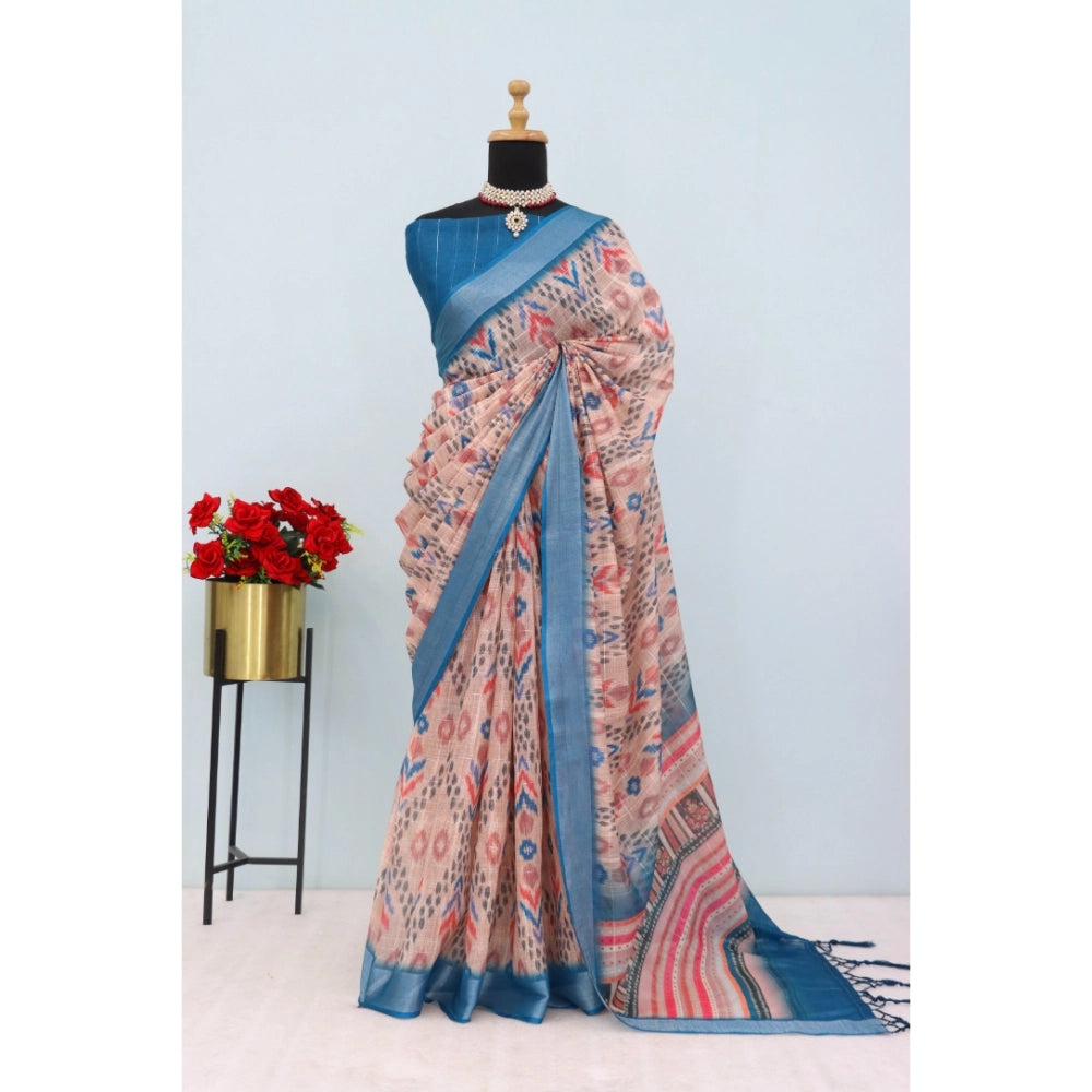 Multicolor linen digital print saree with unstitched blouse (5.5Mtr) - women's ethnic wear on mannequin