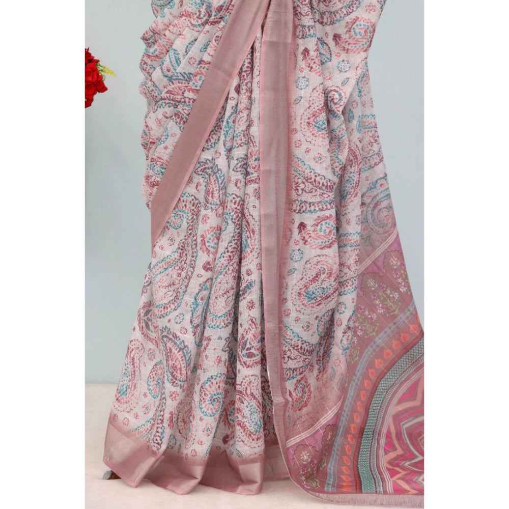 Brown linen digital print saree with unstitched blouse (5.5mtr), vibrant design for traditional Indian fashion