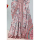 Brown linen digital print saree with unstitched blouse (5.5mtr), vibrant design for traditional Indian fashion
