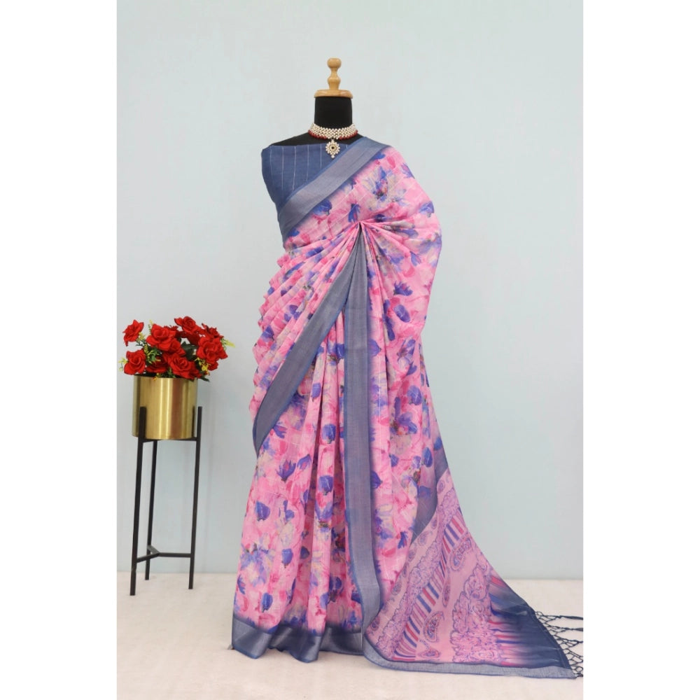 Multicolor digital print linen saree with unstitched blouse (5.5mtr), vibrant traditional Indian wear on mannequin