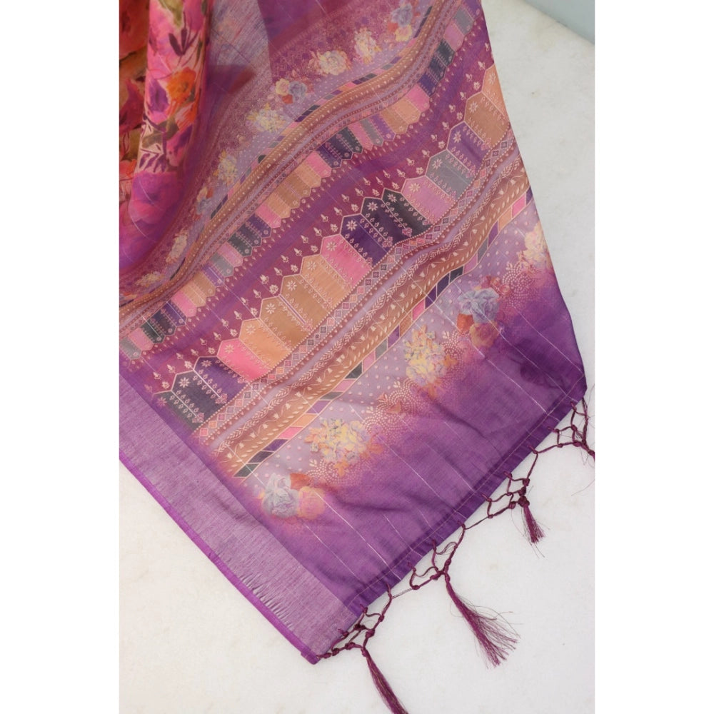 Purple linen digital print saree with unstitched blouse, 5.5mtr length
