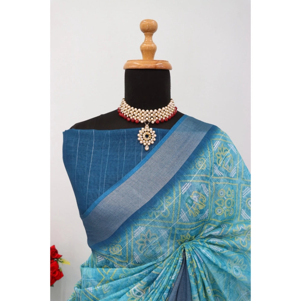 Sky blue linen digital print saree with unstitched blouse, vibrant design on 5.5mtr length