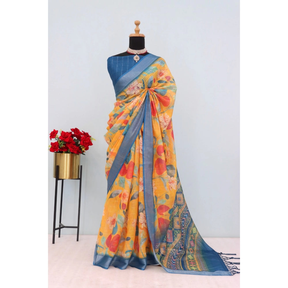 Yellow linen digital print saree with unstitched blouse (5.5mtr), vibrant Indian women's fashion accessory