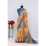 Yellow linen digital print saree with unstitched blouse (5.5mtr), vibrant Indian women's fashion accessory