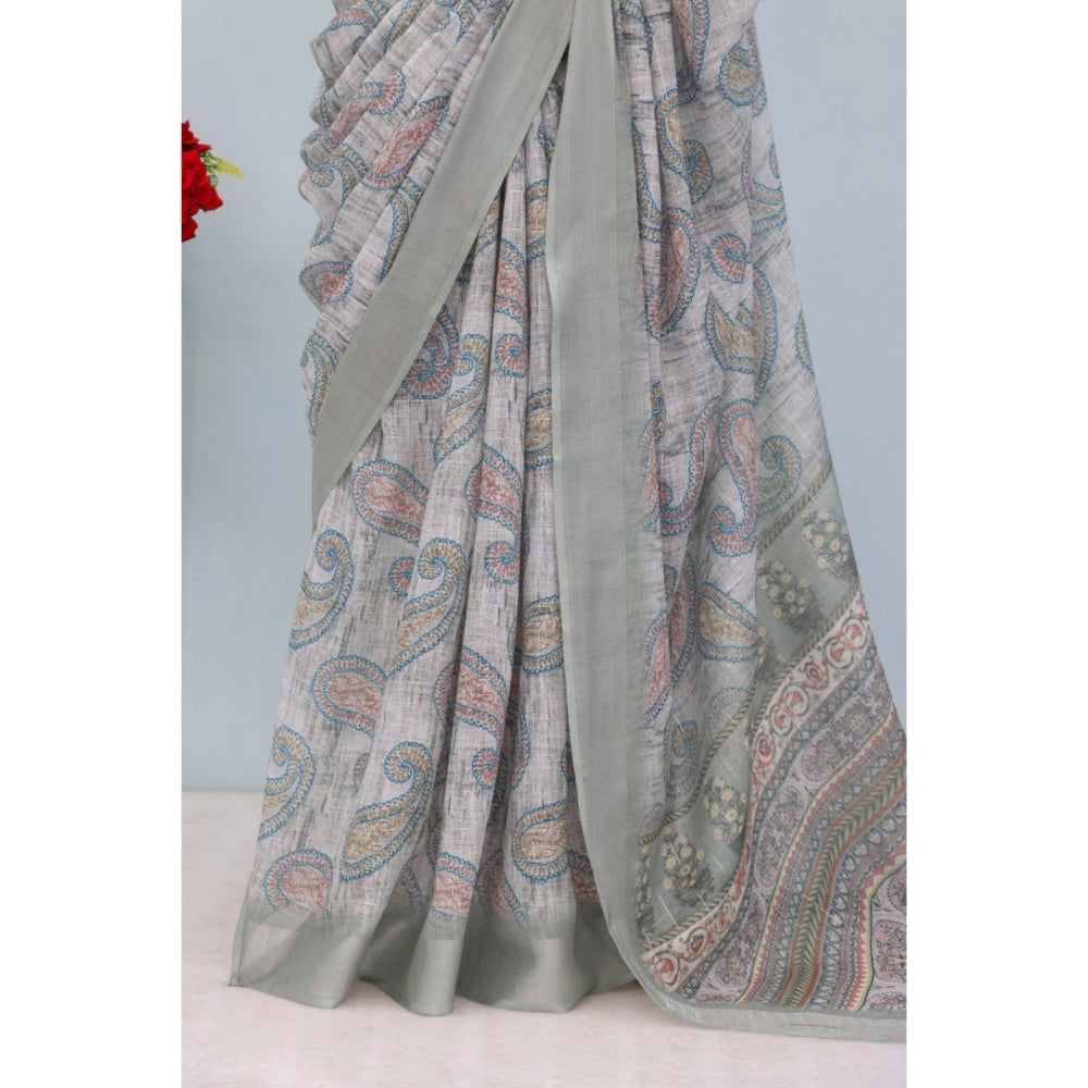 Grey linen digital print saree with unstitched blouse on mannequin
