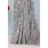 Grey linen digital print saree with unstitched blouse on mannequin