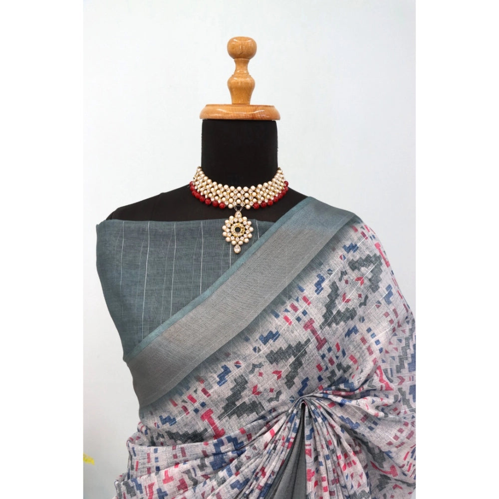 Grey linen digital print saree with unstitched blouse (5.5Mtr) on mannequin