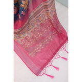 Blue linen digital print saree with unstitched blouse (5.5mtr), vibrant design on display