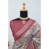 Multicolor linen digital print saree with unstitched blouse, vibrant multihued saree set for women's traditional Indian wear