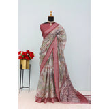 Multicolor linen digital print saree with unstitched blouse (5.5mtr), vibrant fashion accessory for women