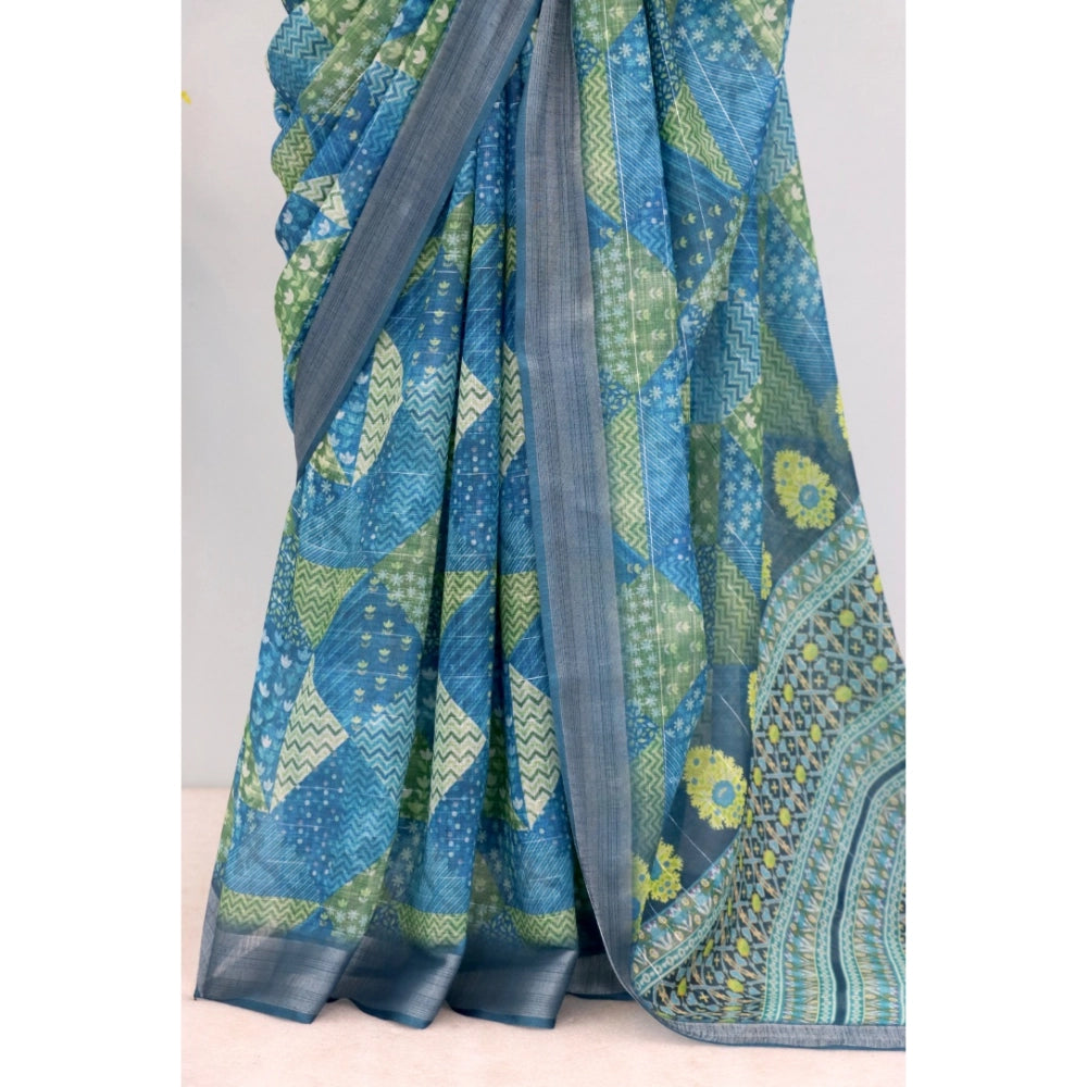 Green linen digital print saree with unstitched blouse (5.5mtr)