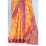 Mustard linen digital print saree with unstitched blouse, vibrant design for traditional Indian wear