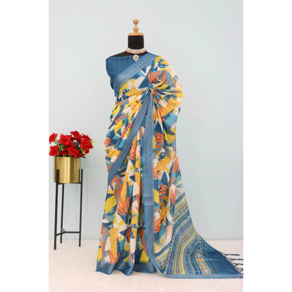 Multicolor linen digital print saree with unstitched blouse (5.5mtr), vibrant Indian fashion for women