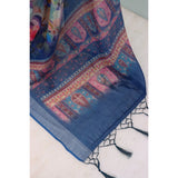 Blue linen digital print saree with unstitched blouse (5.5mtr)