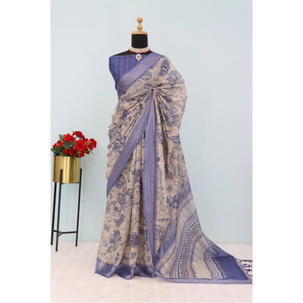 Blue linen digital print saree with unstitched blouse, vibrant floral pattern on display