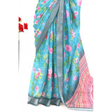 Green linen digital print saree with unstitched blouse (5.5mtr), traditional Indian wear for women