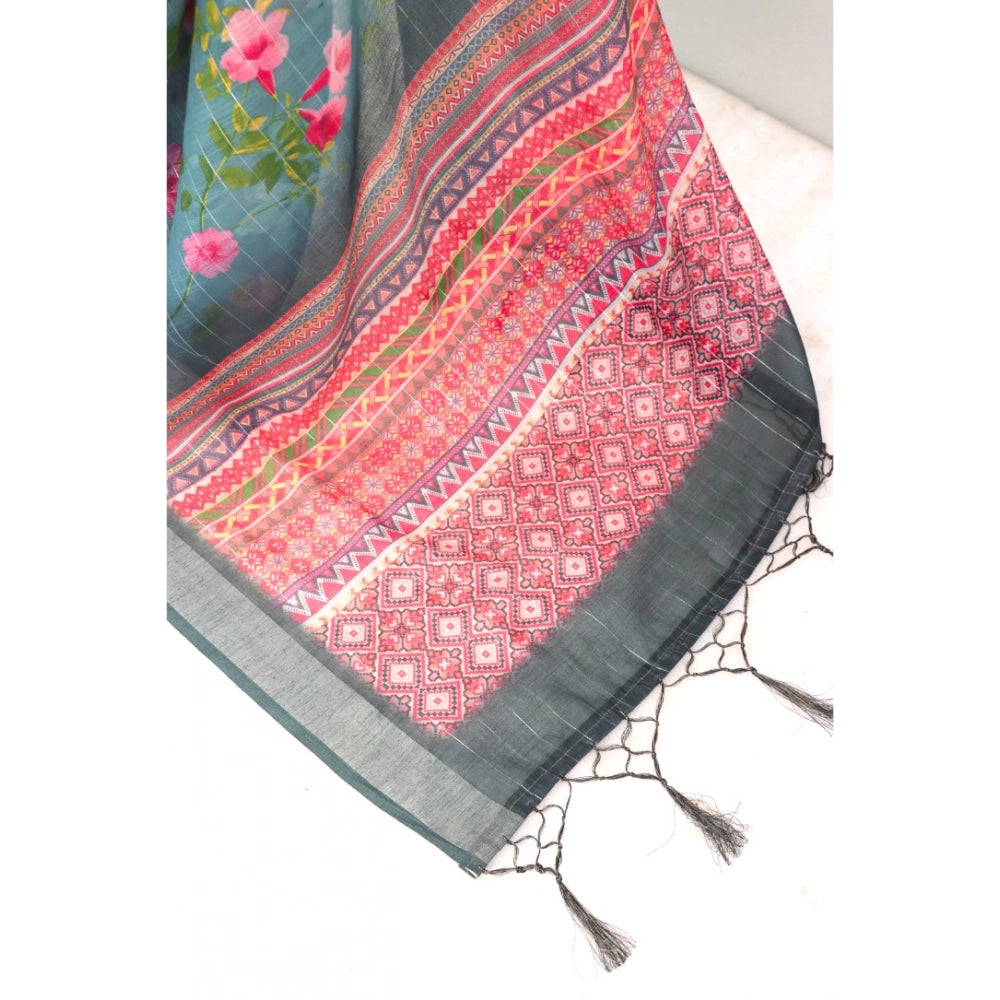 Green linen digital print saree with unstitched blouse (5.5Mtr) on hanger