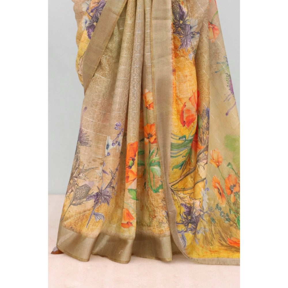 Multicolor linen digital print saree with unstitched blouse, vibrant and stylish traditional Indian wear
