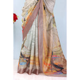 Multicolor linen digital print saree with unstitched blouse (5.5mtr), vibrant traditional Indian attire