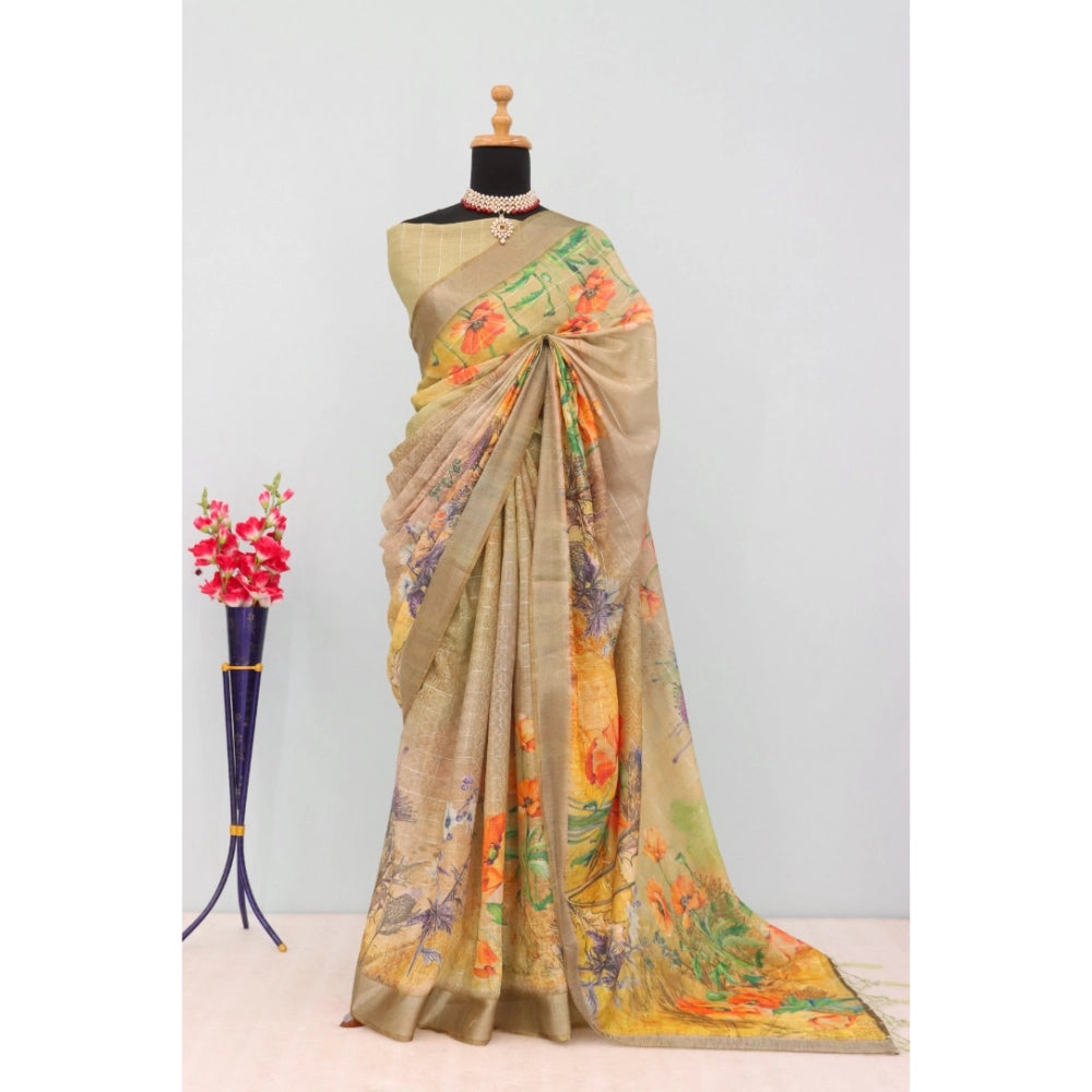 Multicolor linen digital print saree with unstitched blouse (5.5mtr), wearable Indian women's fashion accessory