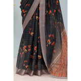 Black linen digital print saree with unstitched blouse, 5.5mtr length