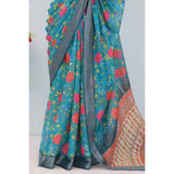 Green linen digital print saree with unstitched blouse (5.5mtr)