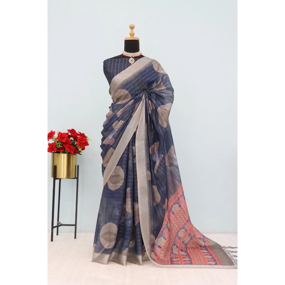 Blue linen digital print saree with unstitched blouse (5.5mtr) - elegant traditional wear for women
