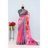 Pink linen digital print saree with unstitched blouse (5.5mtr), traditional Indian women's wear for special occasions