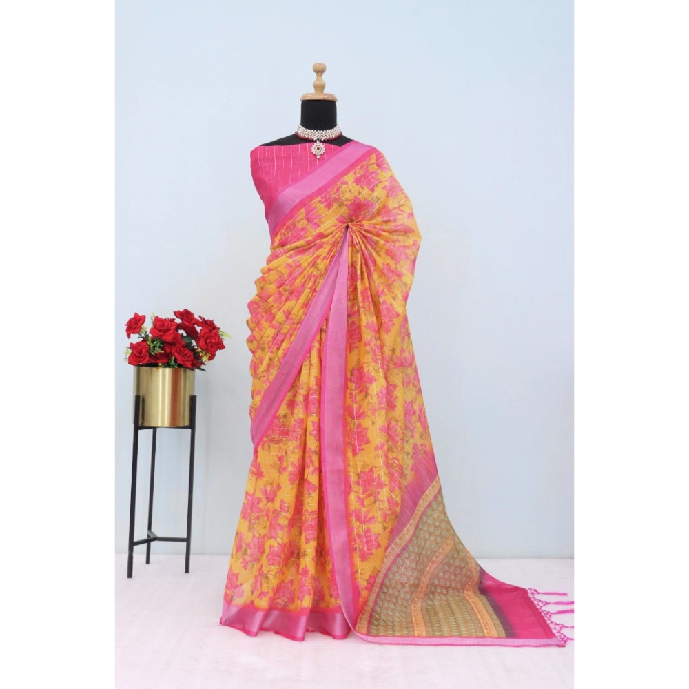 Yellow linen digital print saree with unstitched blouse, vibrant Indian fashion accessory for women