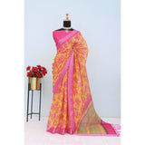 Yellow linen digital print saree with unstitched blouse, vibrant Indian fashion accessory for women