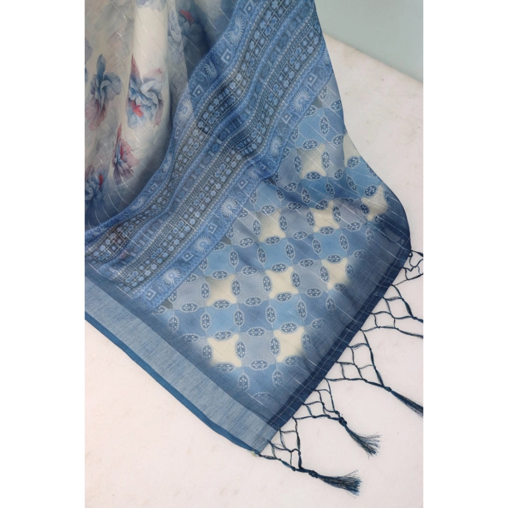 Blue linen digital print saree with unstitched blouse, 5.5mtr length