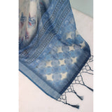 Blue linen digital print saree with unstitched blouse, 5.5mtr length